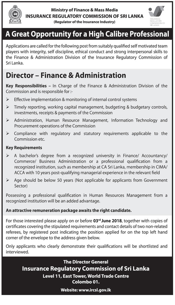 Director (Finance & Administration) - Insurance Regulatory Commission of Sri Lanka